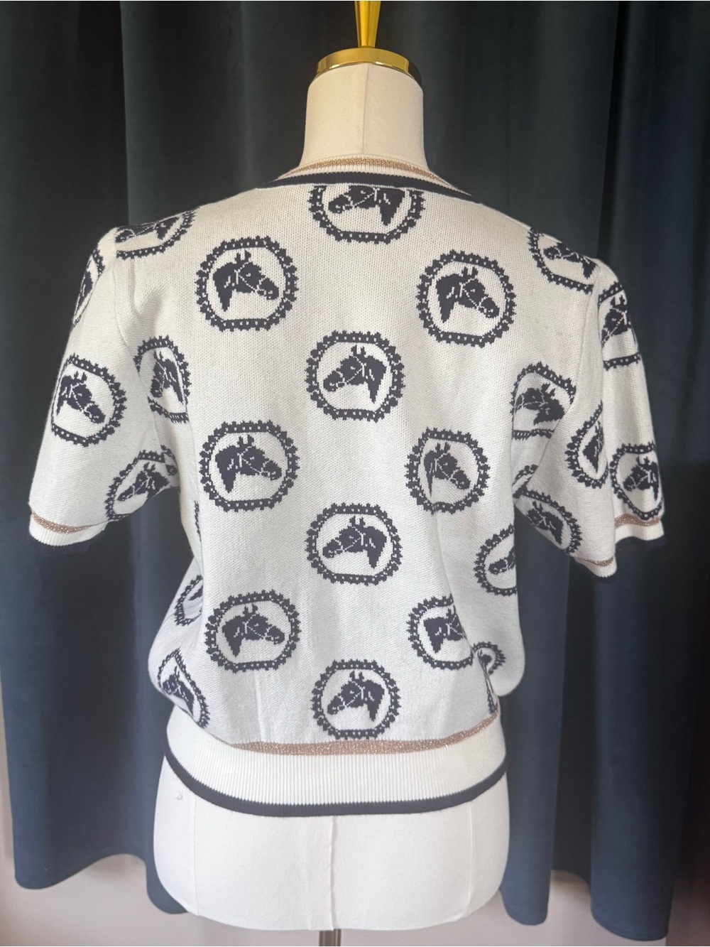 THML Navy Stallion Horse Sweater White Metallic Gold Trim - Picture 5 of 10